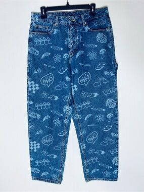Djab Simons Blue Doodle Laser Print Wide Leg Baggy Skater Jeans 32 Y2K Graffitti